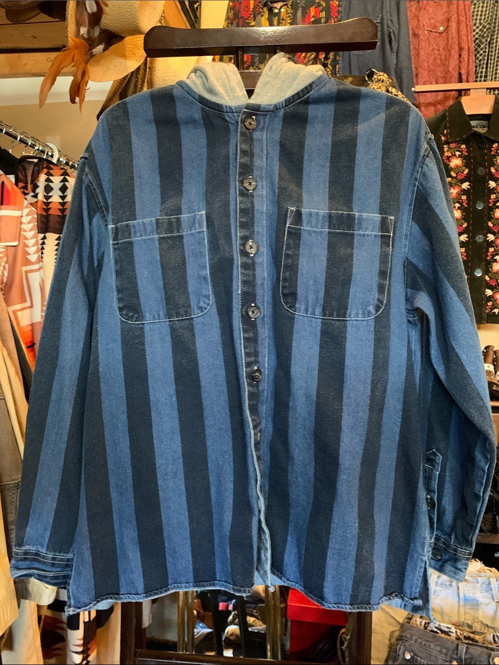 Striped Blue Denim Button-Front Shirt Jacket